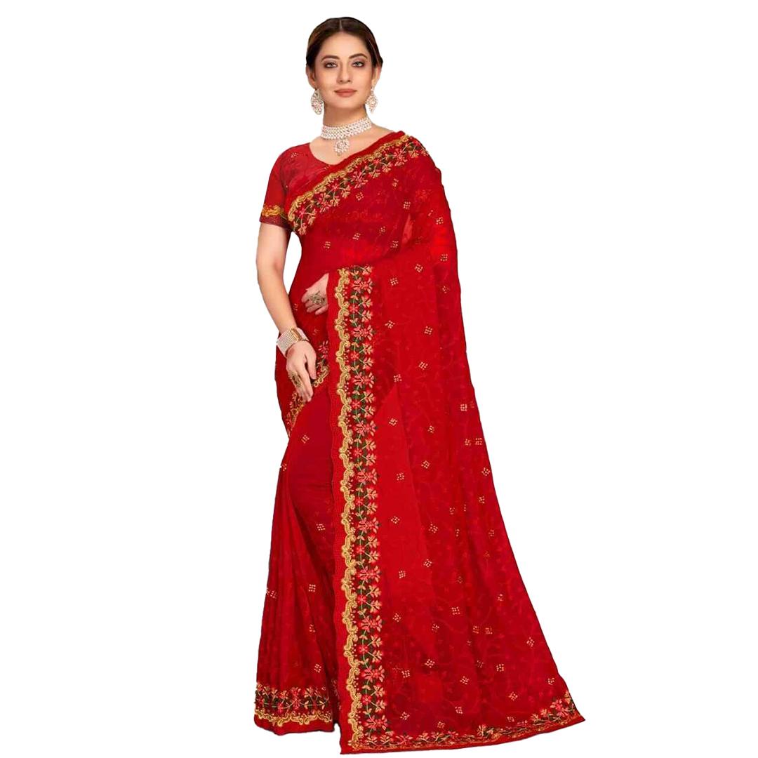 Embroidered Georgette Saree in Red