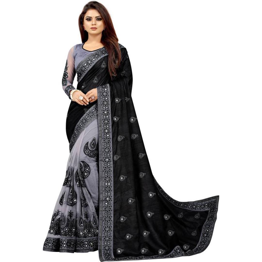 Embellished Fashion Net, Art Silk Saree  (Black, Grey)