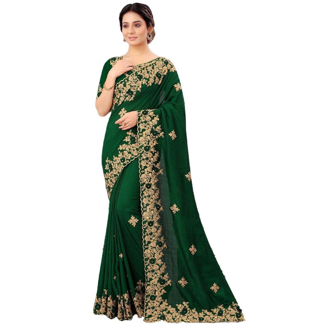 Embroidered Art Silk Scalloped Saree in Green