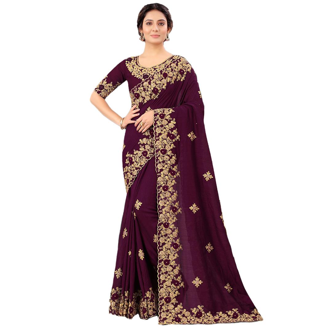 Embroidered Art Silk Scalloped Saree in Purpel