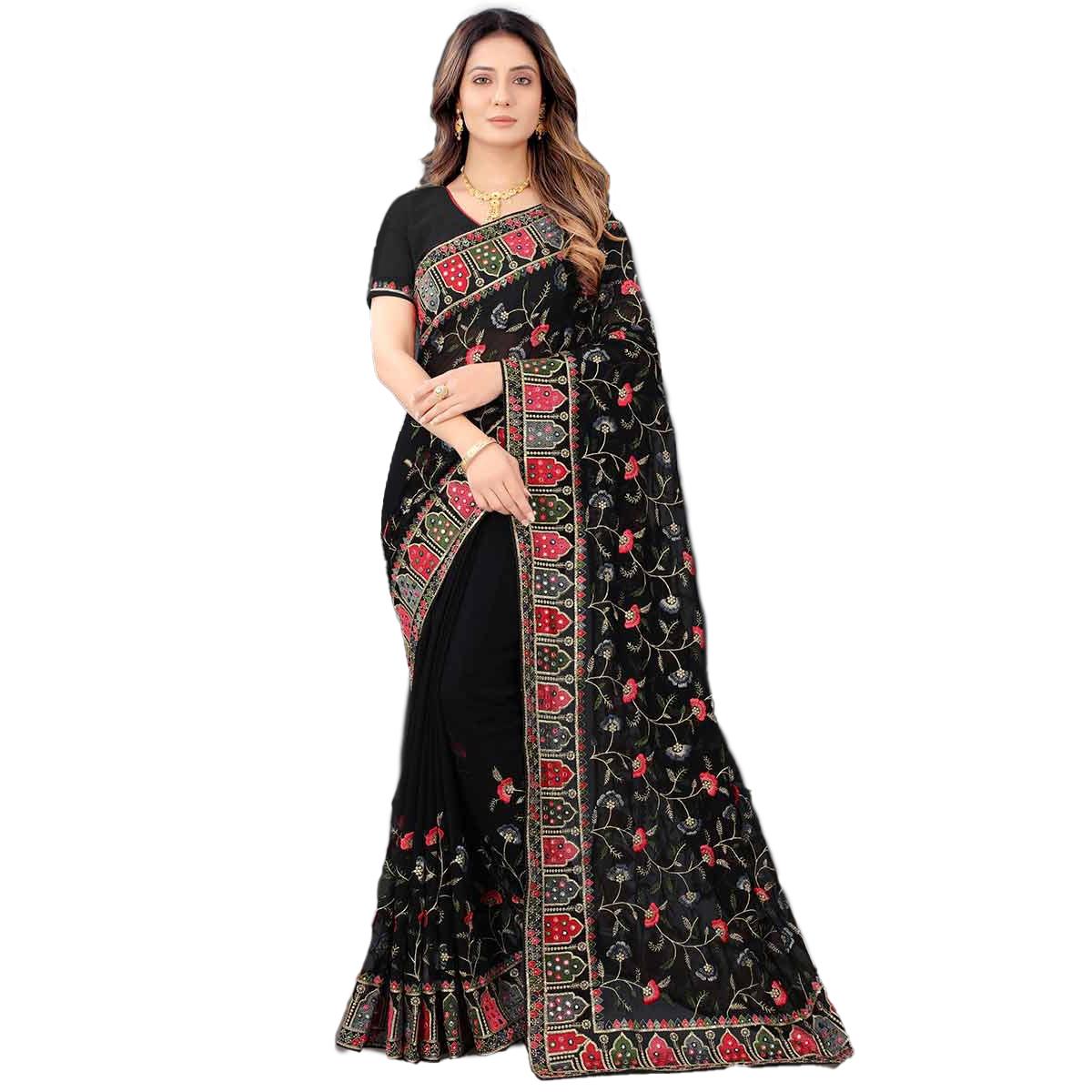 Wedding Wear Black Resham Work Georgette Saree